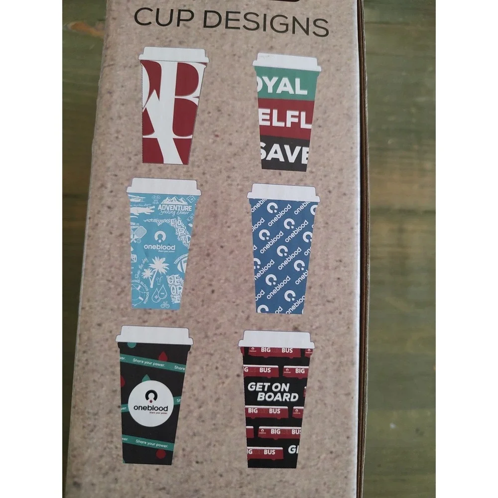 Oneblood Six Reusable Hot cold Cups Lids 16oz Coozie Big Red Bus Blood‎ Donor